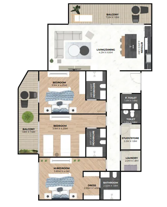 Hatimi Residences 3 bed floor plan, 1,915 sqft