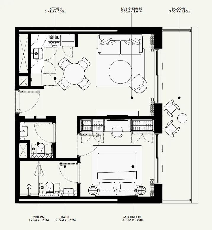 Azizi Venice 1 bed floor plan, 689 sqft
