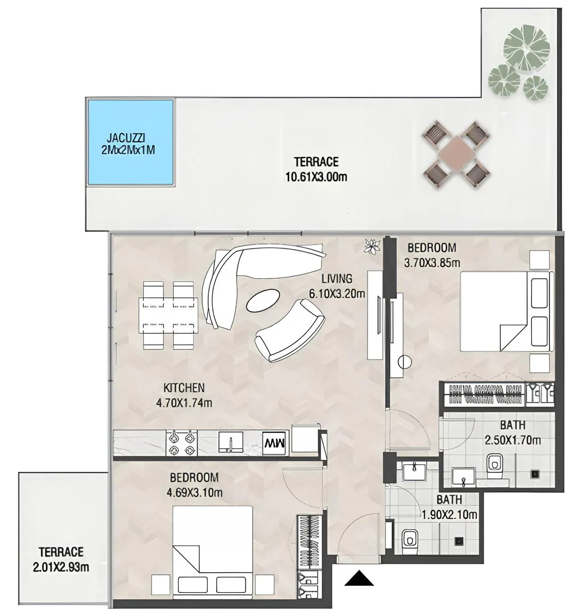 Trinity 2 bed floor plan, 1,274 sqft