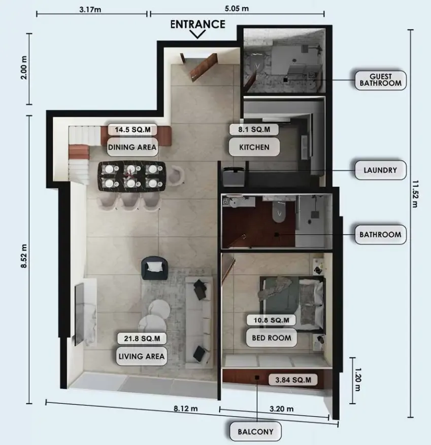 Zenith J1 1 bed floor plan, 854 sqft