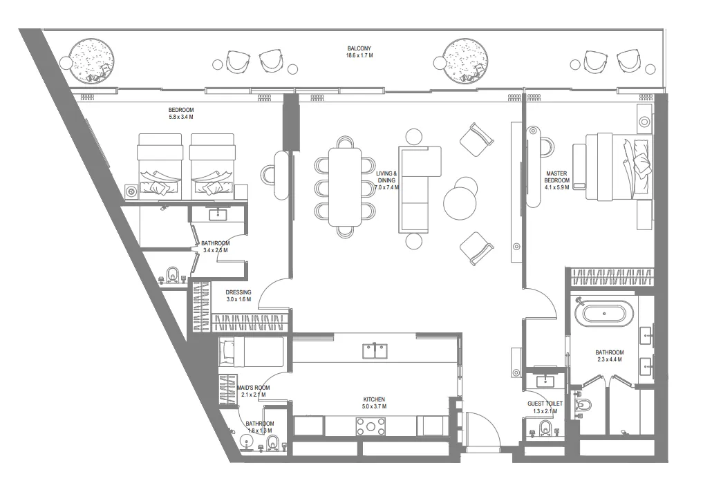 Anantara Sharjah Resort 2 bed floor plan, 2,258 sqft