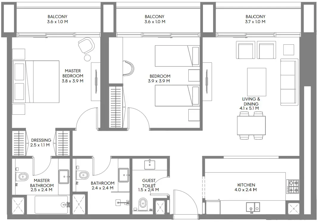 Jenna 1 2 bed floor plan, 1,254 sqft