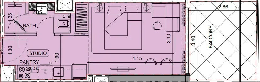 Project Maybach Studio floor plan, 404 sqft