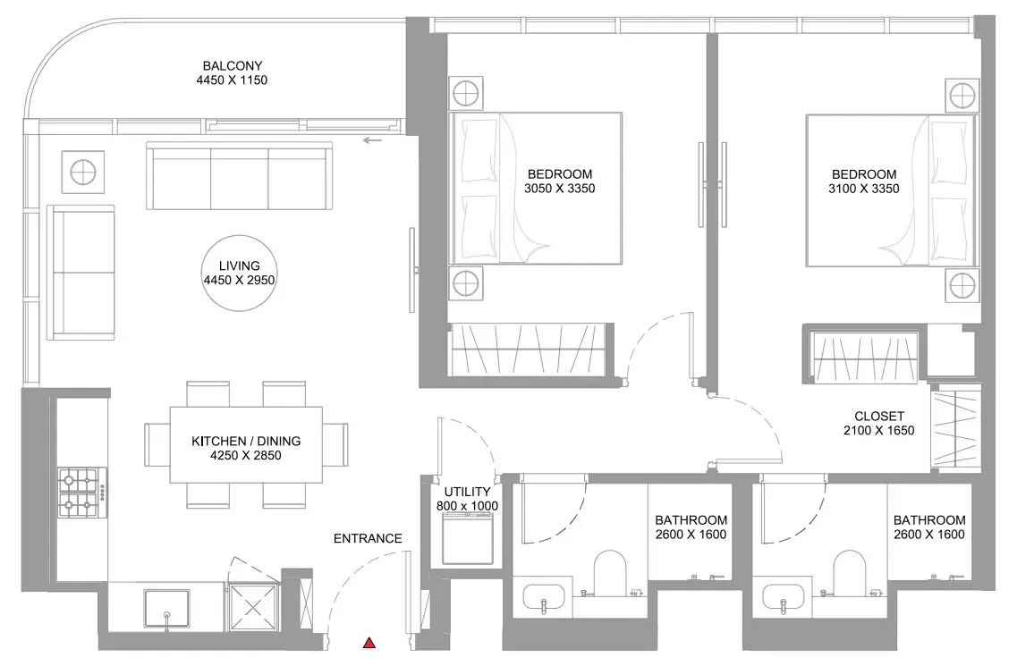 Bayfront Marina Residences 2 bed floor plan, 872 – 873 sqft