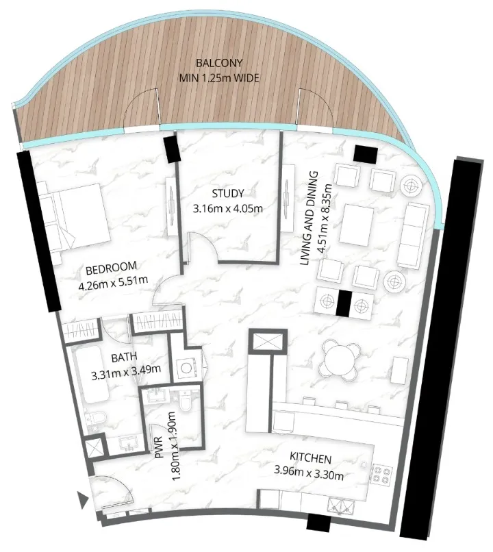Aqua Arc 1 bed floor plan, 1,729 sqft