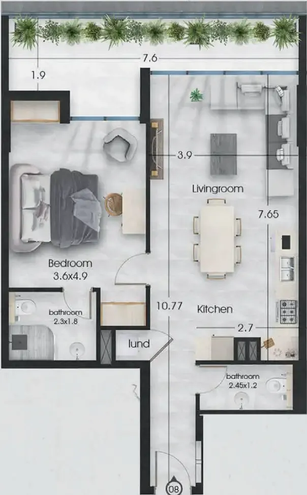 Ethan 1 bed floor plan, 848 sqft
