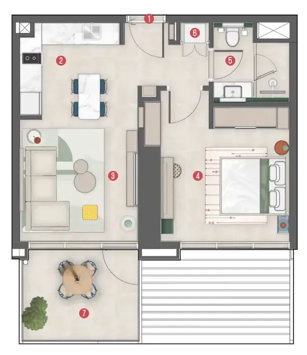Rove Home Meydan Horizon 1 bed floor plan, 590 sqft