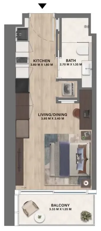 Mövenpick Residences Dubai Motor City Phase 1 Studio floor plan, 376 sqft
