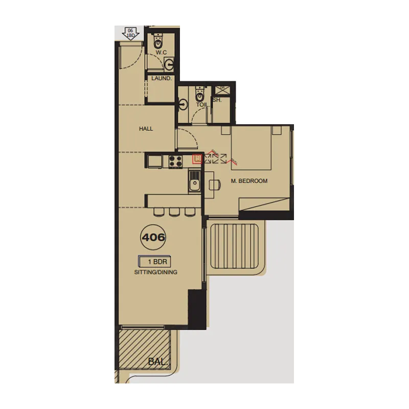 Sea View Residence 1 bed floor plan, 828 sqft