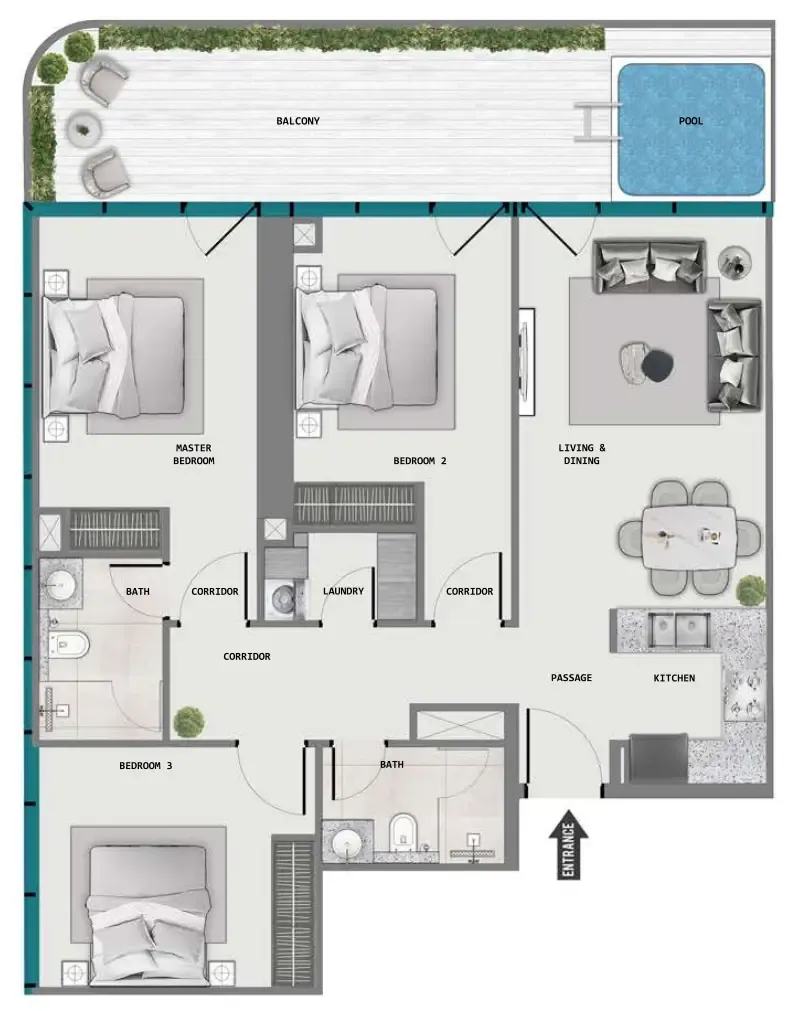 Samana Barari Lagoons 2 bed floor plan, 1,159 sqft