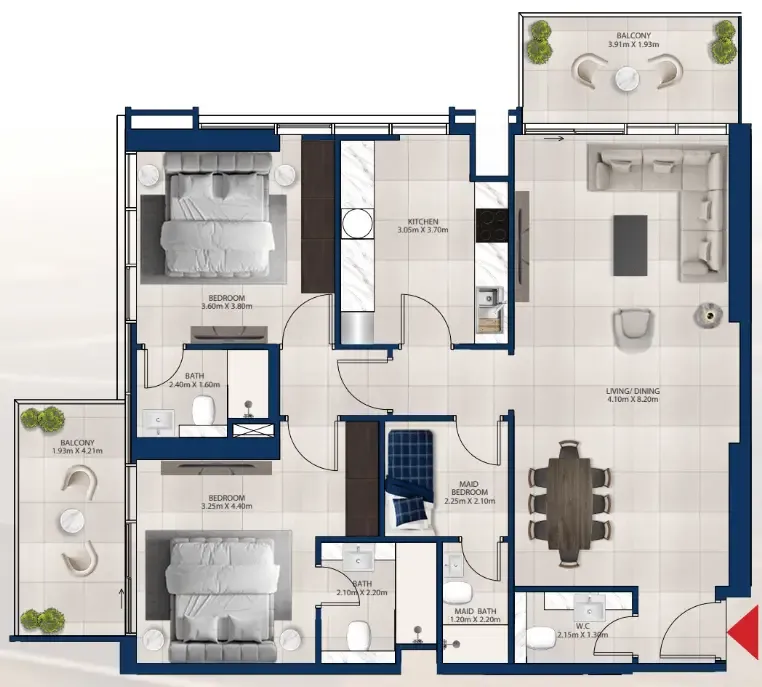 Al Vista 2 bed floor plan, 1,331 sqft