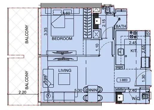 Binghatti Cullinan 1 bed floor plan, 739 sqft