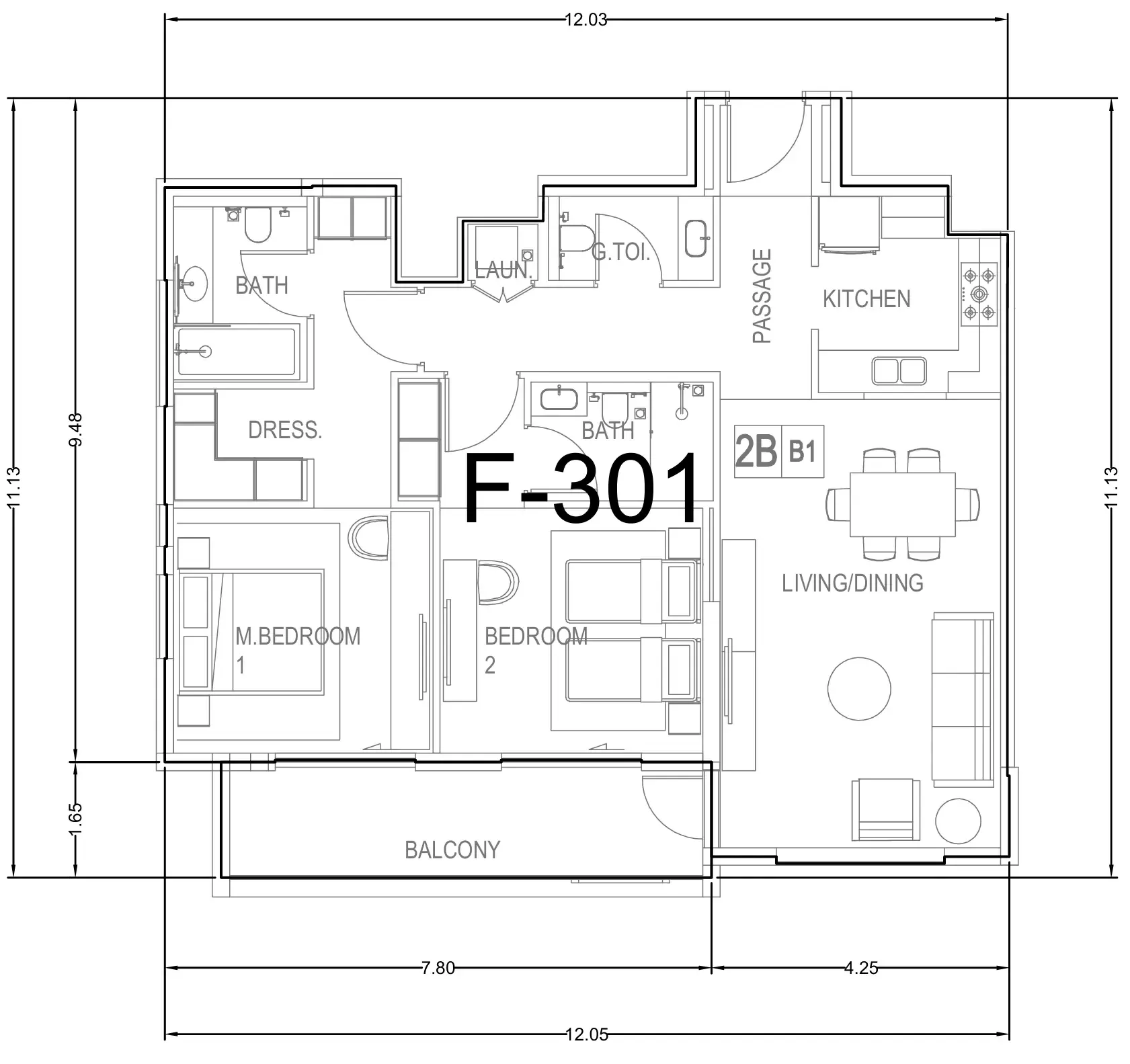 Hillside Residences 2 bed floor plan, 1,245 – 1,253 sqft