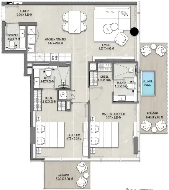 Allegro Park 2 bed floor plan, 1,223 – 1,257 sqft