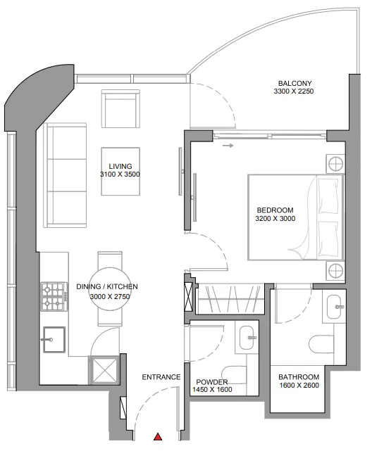 Sobha Aquamont 1 bed floor plan, 581 sqft