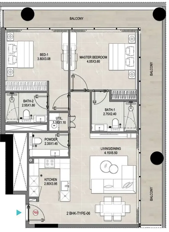 Reef 1000 2 bed floor plan, 1,480 sqft