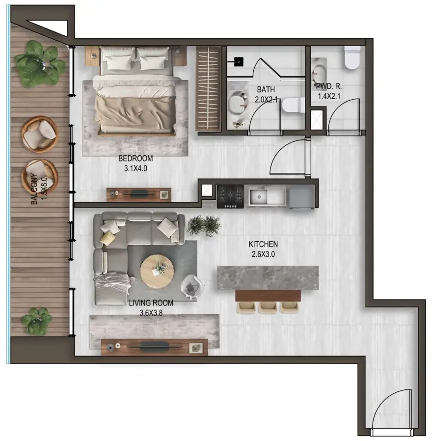 Noore 2 bed floor plan, 751 sqft