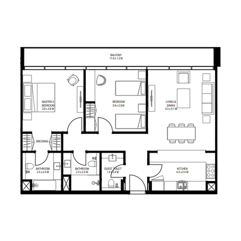 Nesba 1 Aljada 2 bed floor plan, 1,321 sqft