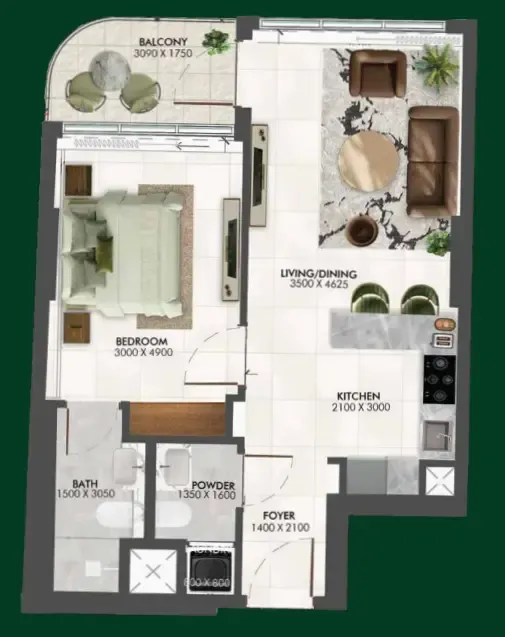 Enchante 1 bed floor plan, 667 – 668 sqft