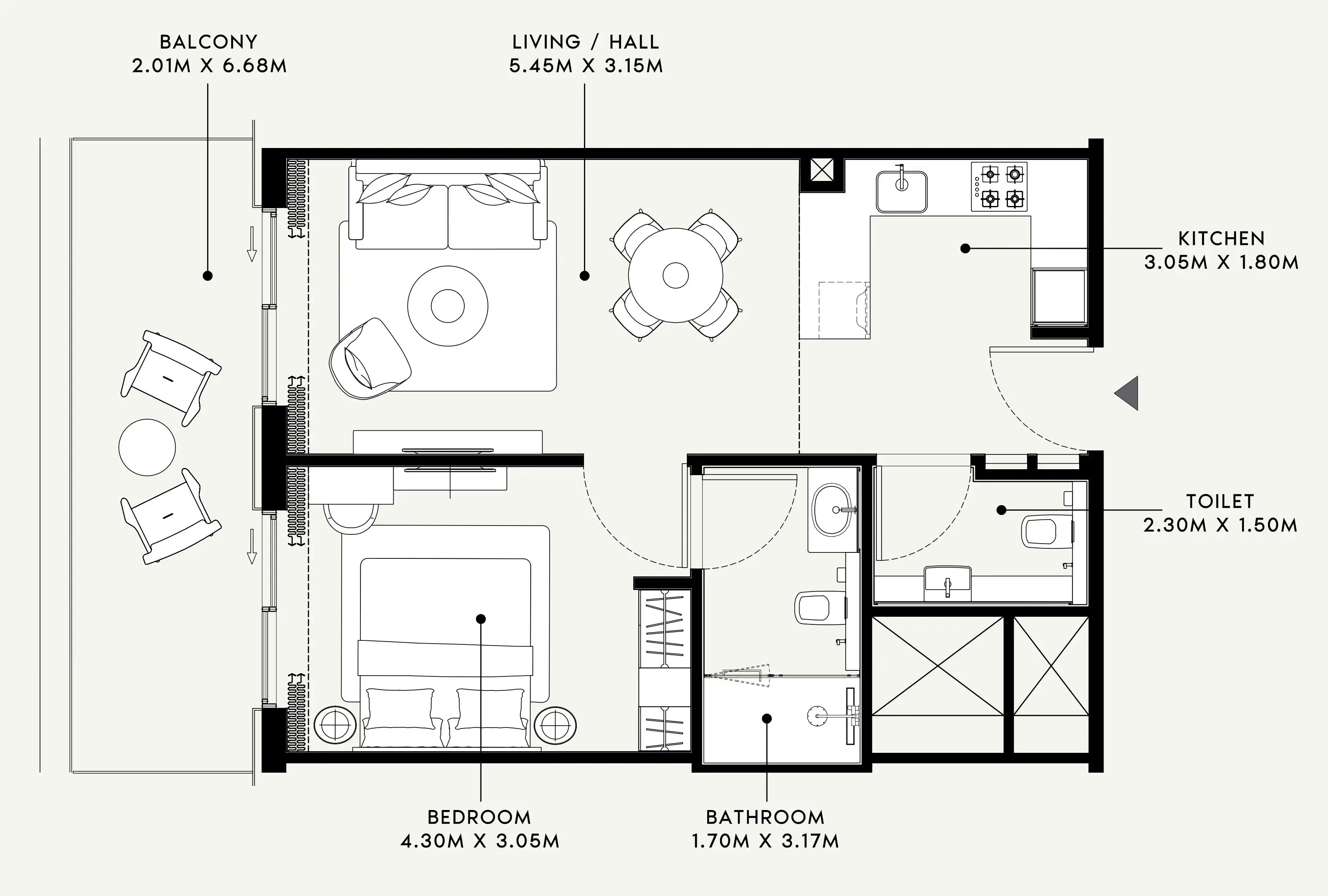 Azizi Venice 1 bed floor plan, 733 sqft
