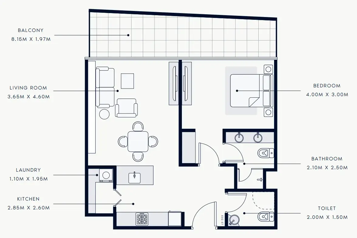 Riviera Rêve 1 bed floor plan, 825 sqft
