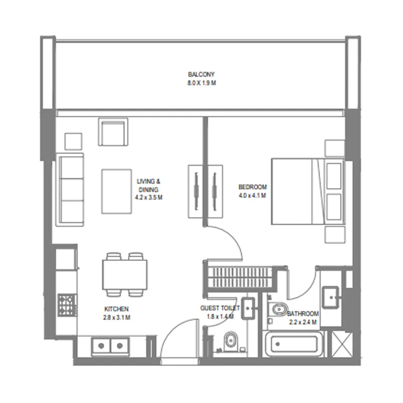 Safa 1 1 bed floor plan, 786 sqft