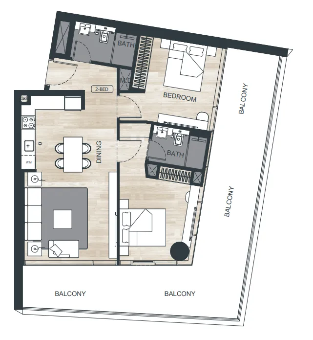 Binghatti Ghost 2 bed floor plan, 1,290 sqft