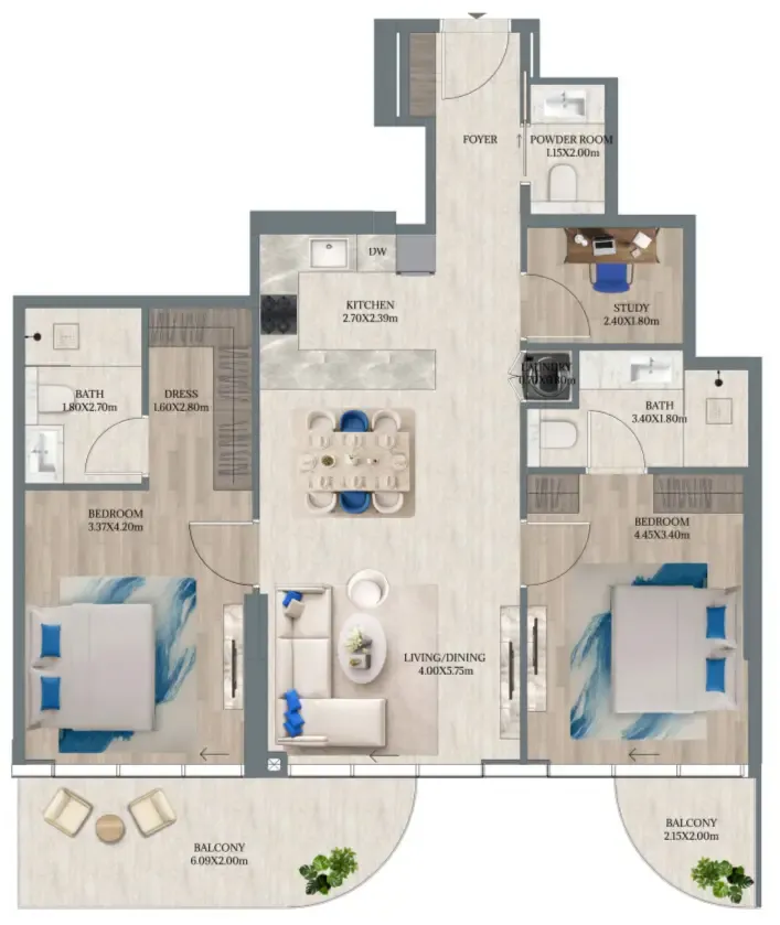 Maravea Residences 2 bed floor plan, 1,211 sqft