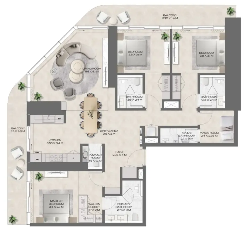 DWTN Residences 3 bed floor plan, 2,083 sqft