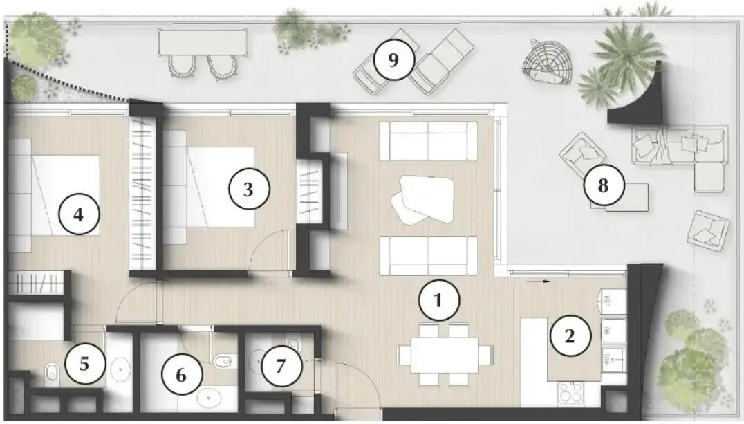 Lunaya Terraces 2 bed floor plan, 1,615 sqft