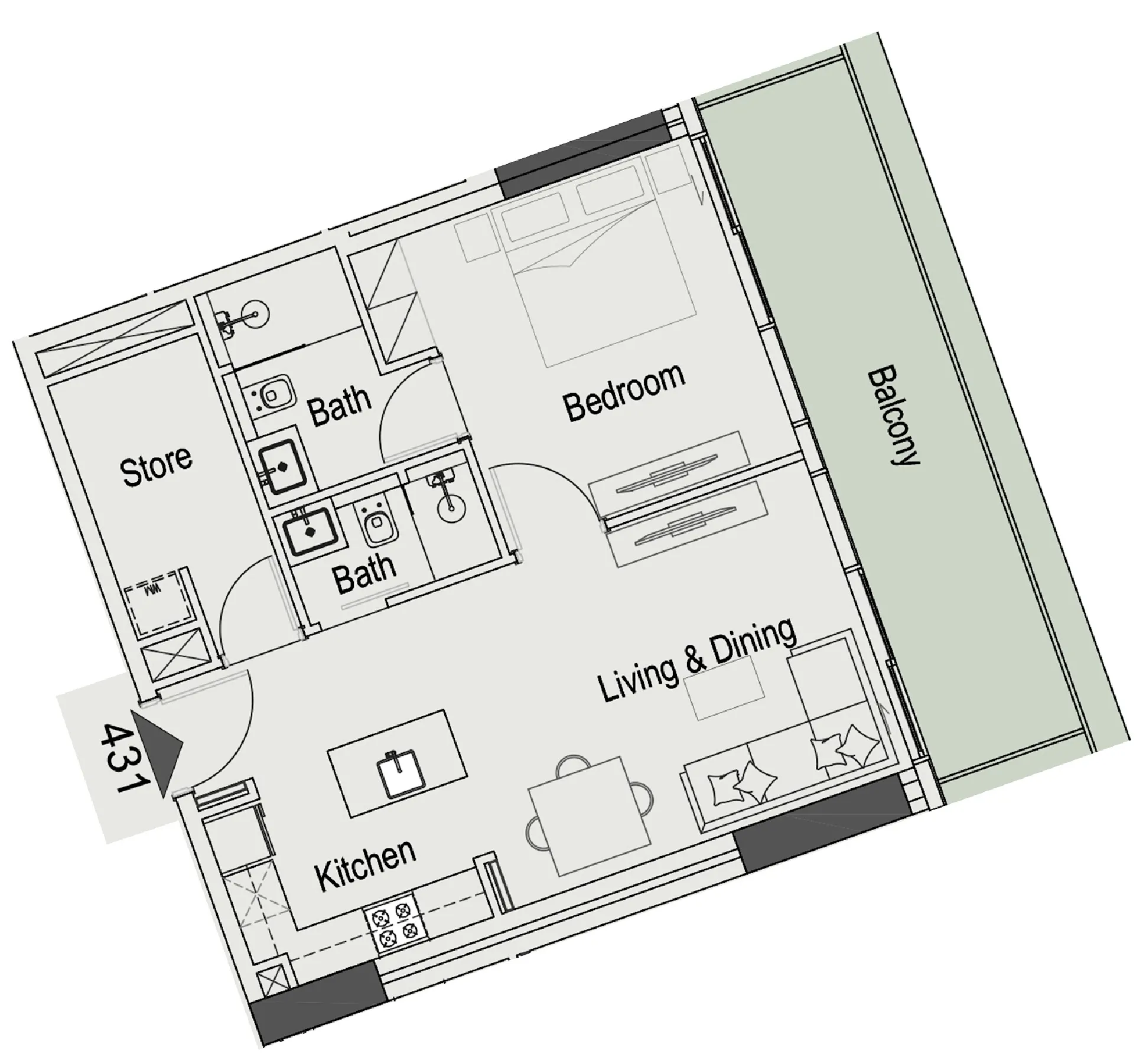 15 Cascade Featured by Versace Ceramics 1 bed floor plan, 841 sqft