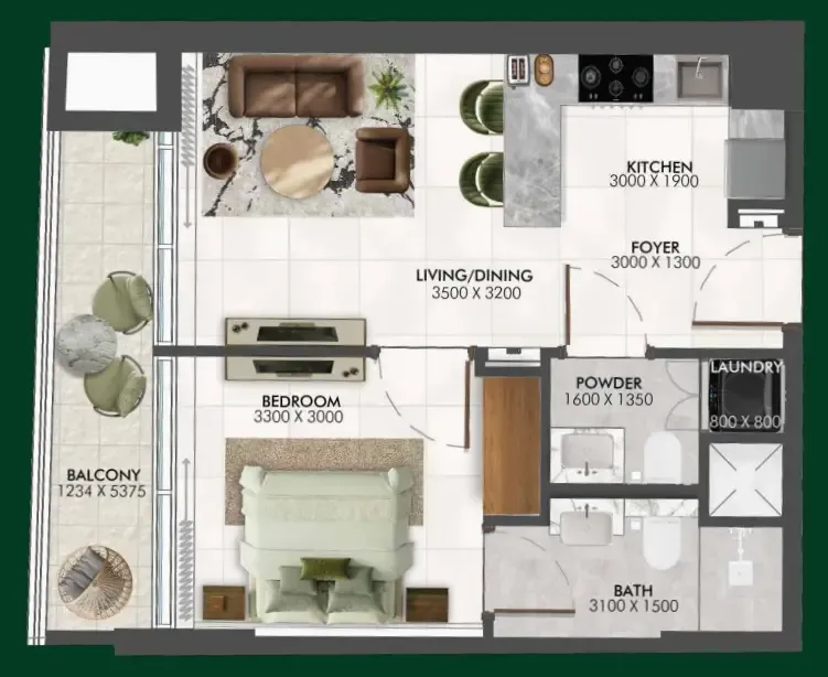 Enchante 1 bed floor plan, 549 sqft