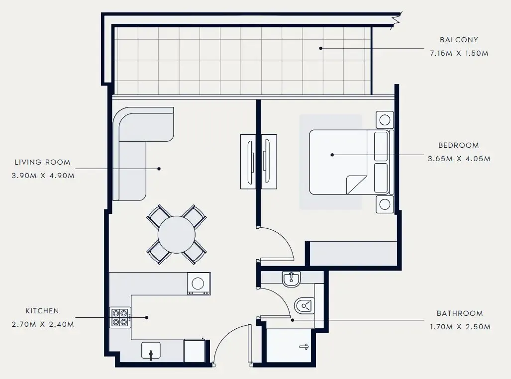 Riviera Azure 1 bed floor plan, 709 sqft