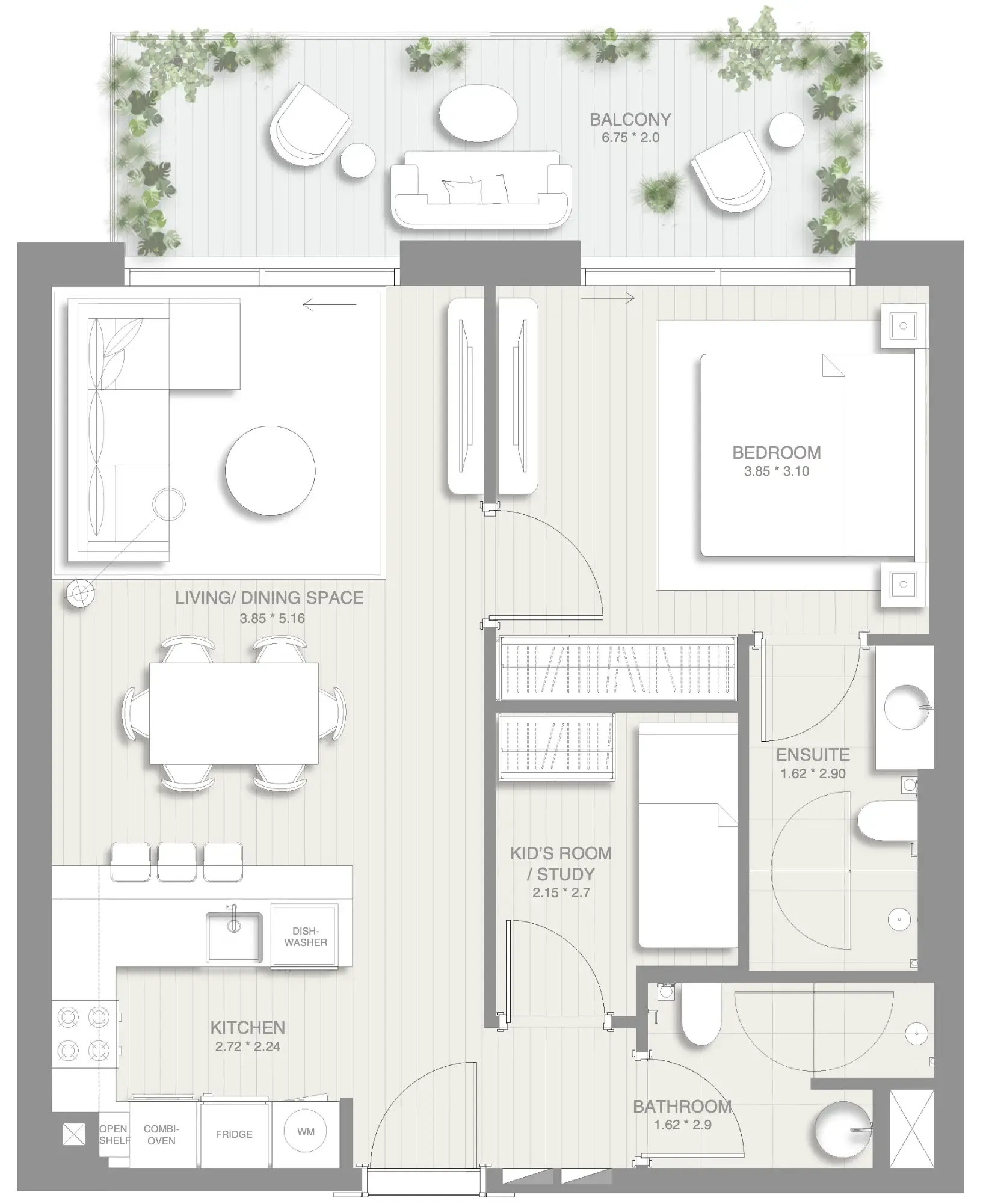 Sol Levante 1 bed floor plan, 860 sqft