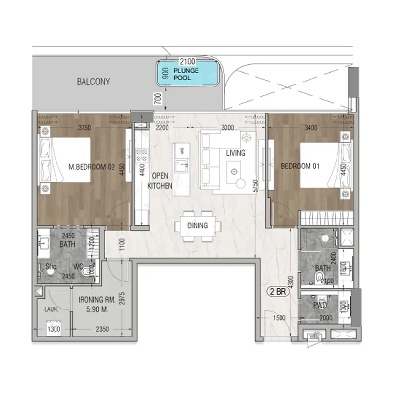 Vue Dorée 2 bed floor plan, 1,167 sqft