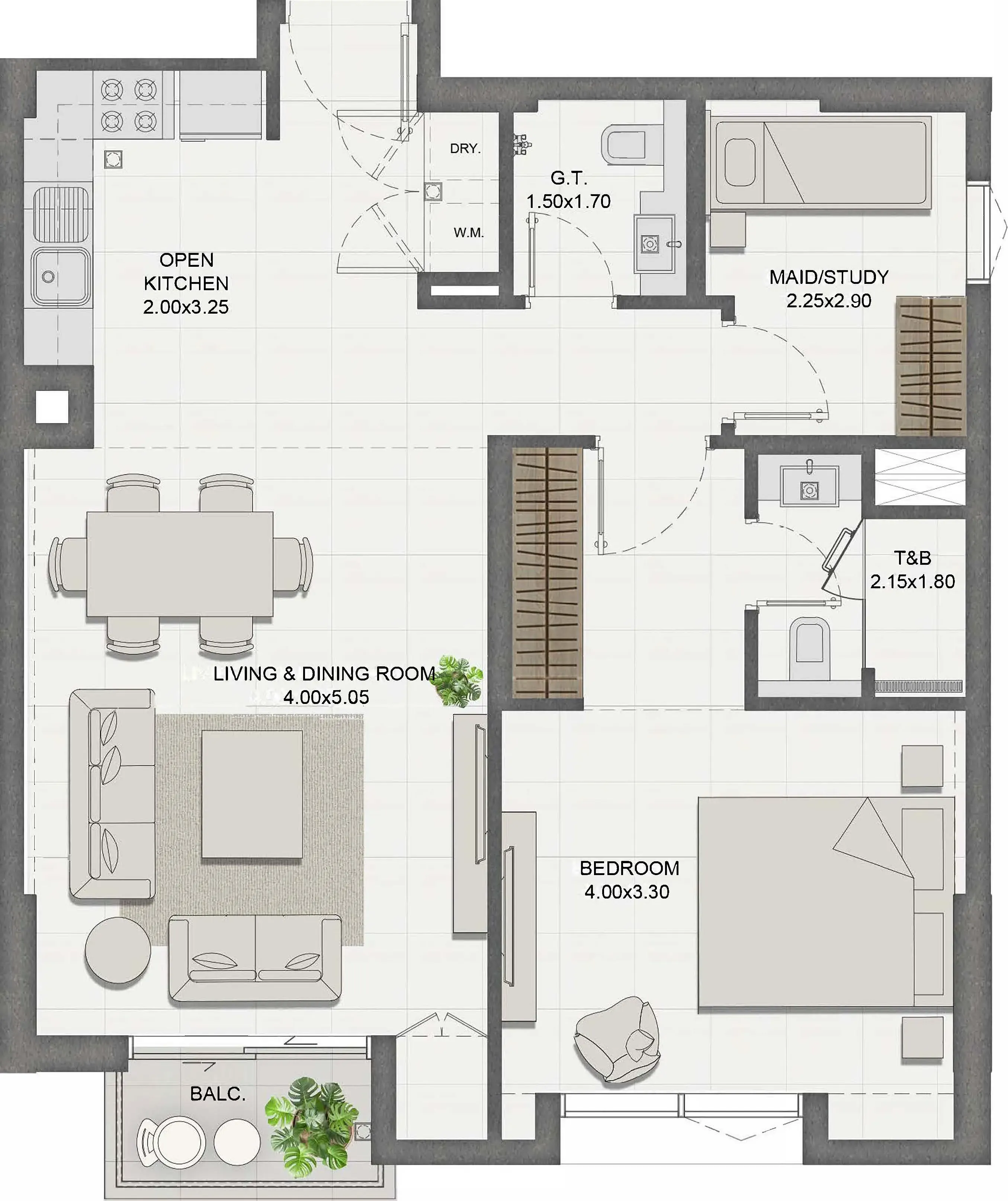Reeman Residence 01 1 bed floor plan, 767 sqft