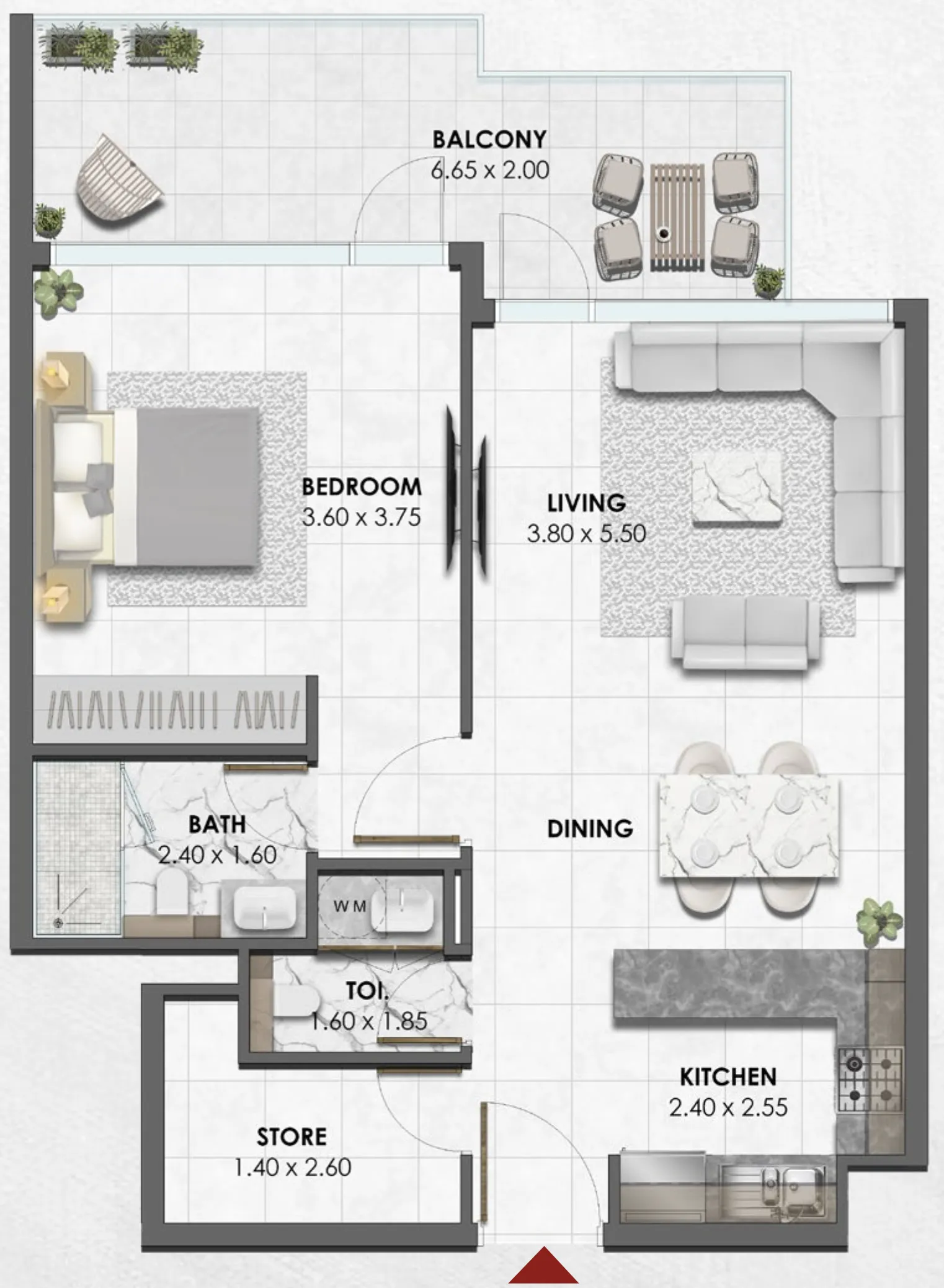 Waref Residences 1 bed floor plan, 818 – 820 sqft