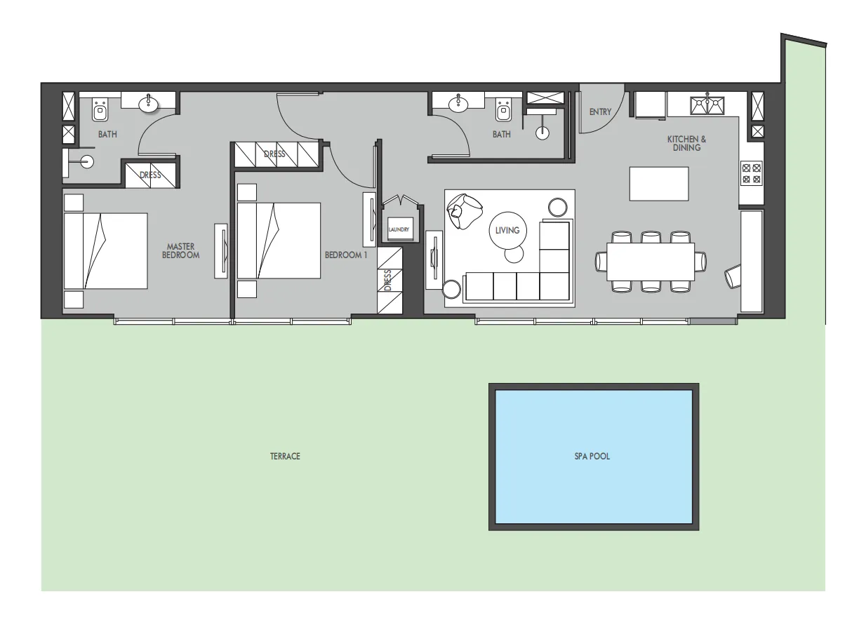 The Waterway 2 bed floor plan, 2,389 sqft