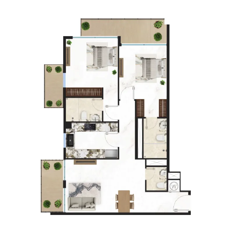 Courtyard One 2 bed floor plan, 1,128 sqft
