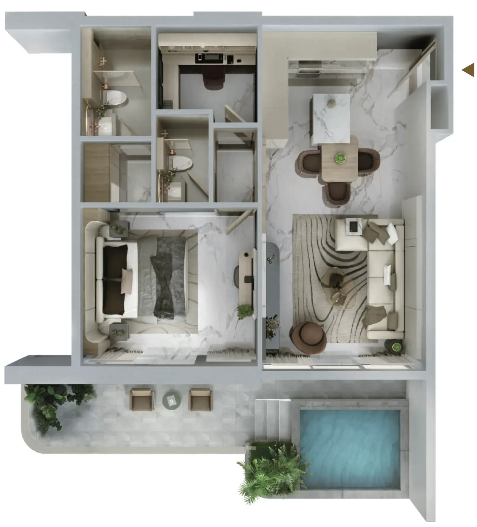 Blossom 76 1 bed floor plan, 958 sqft