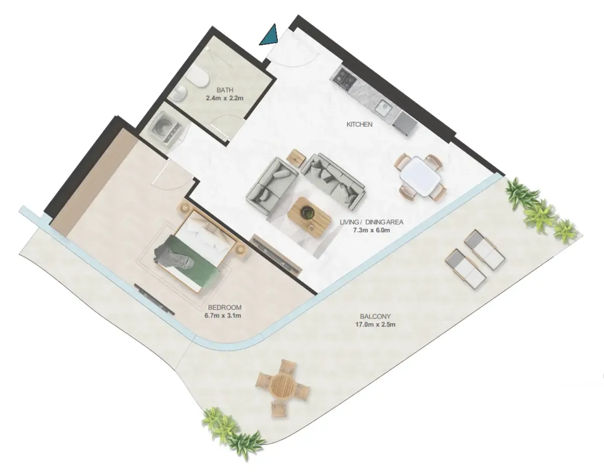 Oystra 1 bed floor plan, 1,232 sqft