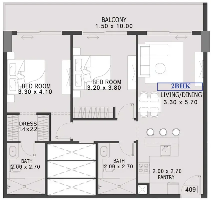 One By Preston 2 bed floor plan, 1,034 sqft