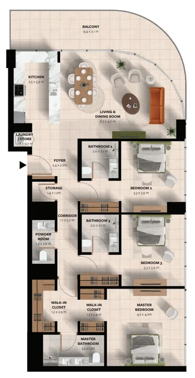 Waada Dubai South 3 bed floor plan, 1,811 sqft
