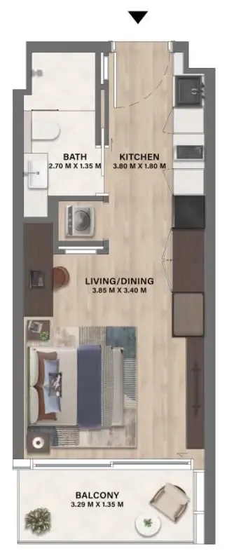 Mövenpick Residences Dubai Motor City Phase 1 Studio floor plan, 357 sqft