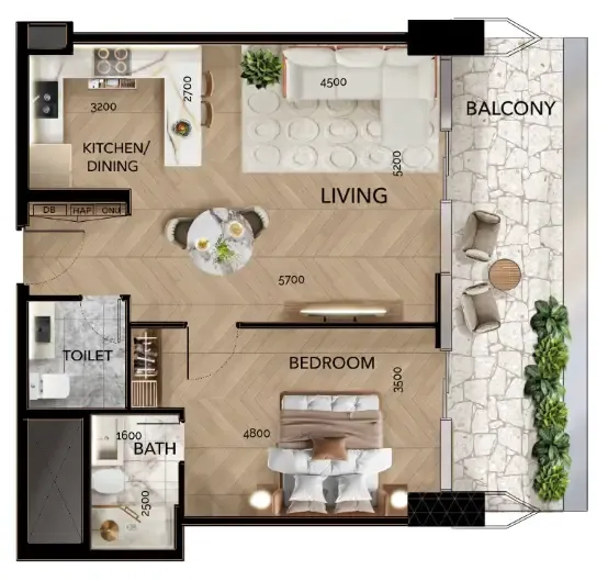 Radiant Bridges 1 bed floor plan, 915 sqft