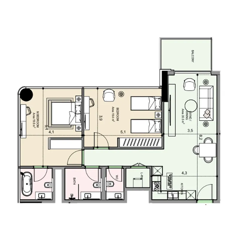 Edgewater Residences 1, 2 and 3 2 bed floor plan, 1,140 sqft