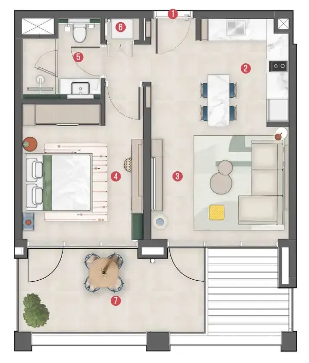 Rove Home Meydan Horizon 1 bed floor plan, 619 – 629 sqft