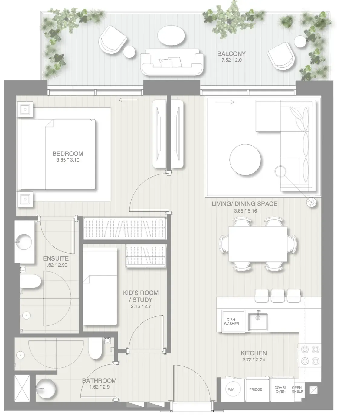 Sol Levante 1 bed floor plan, 870 sqft