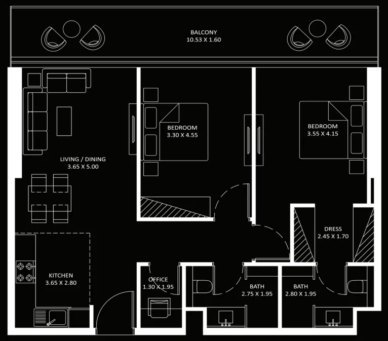 Bayz 101 2 bed floor plan, 1,156 sqft