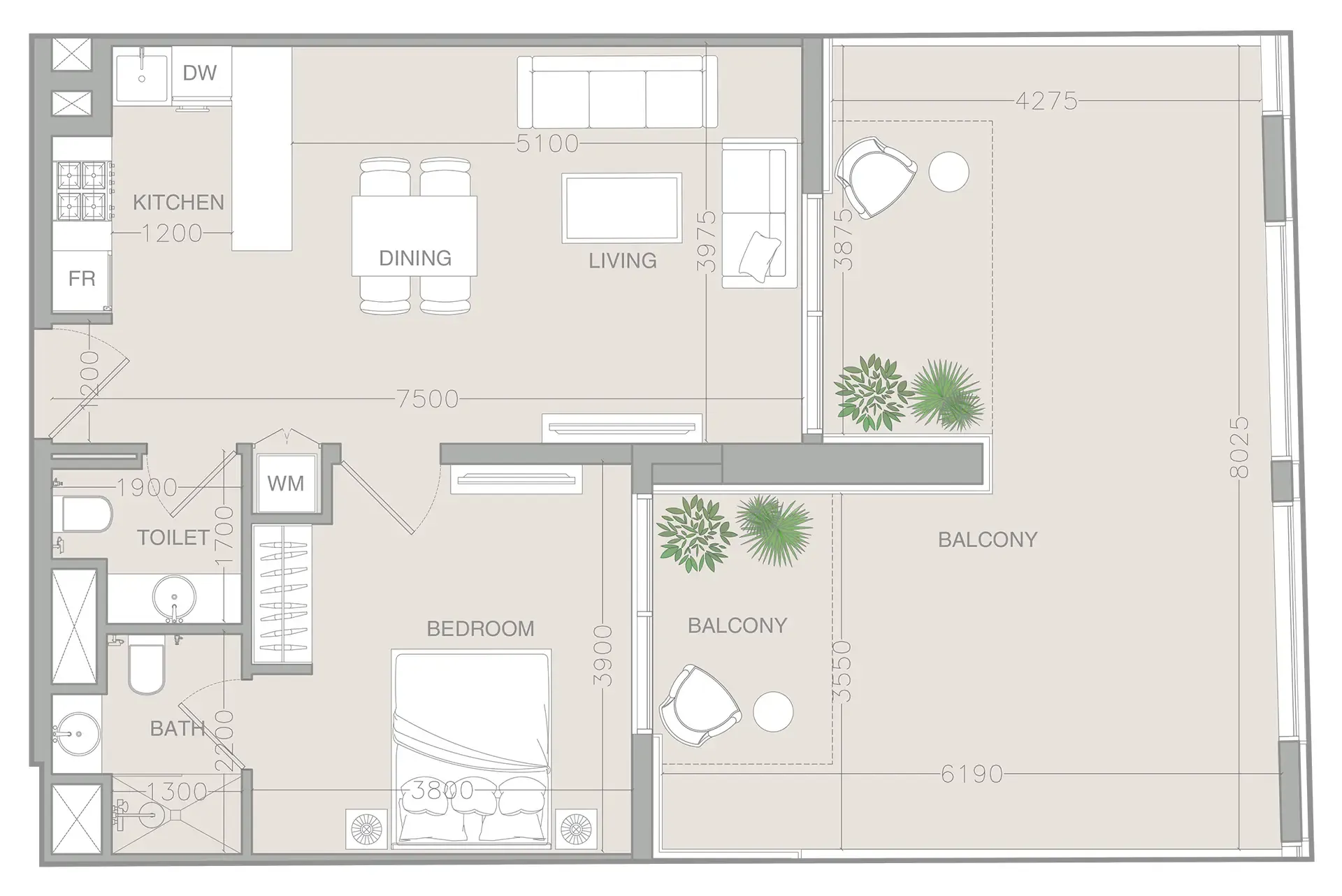 ELAR1S Rise 1 bed floor plan, 1,086 sqft